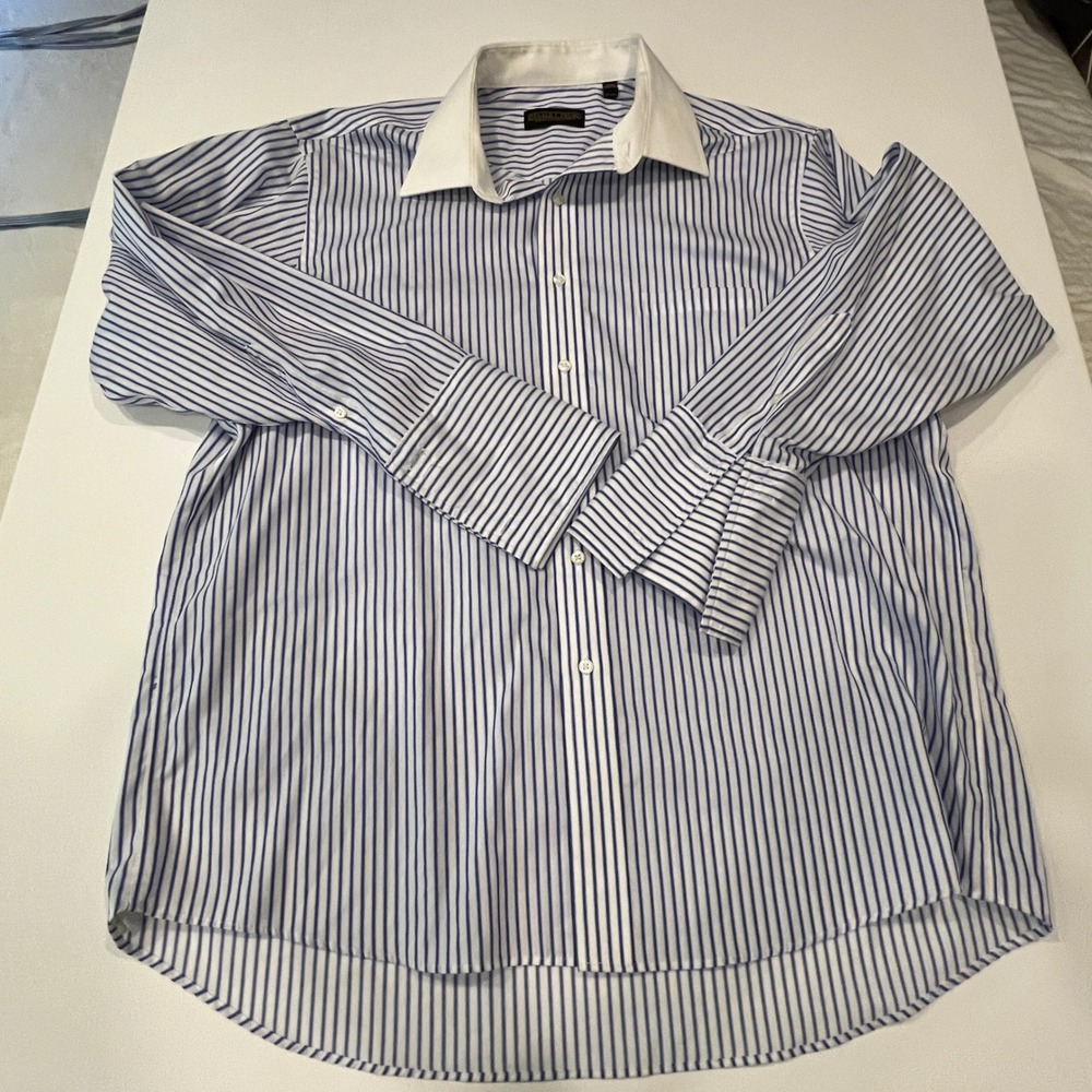 Donald J Trump Blue Pinstripe Banker Shirt White Contrast Collar French Cuffs